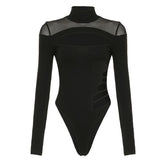 High neck long sleeve mesh hollow out bodysuit