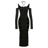 Hollow out long sleeve halter cross front self tie maxi dress | black rave dress