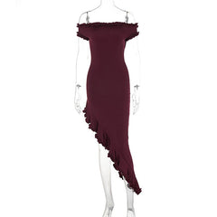Short sleeve off shoulder ruffle irregular midi dress | red tango dress