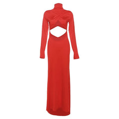 Hollow out solid long sleeve high neck zip-up maxi dress | red tango dress