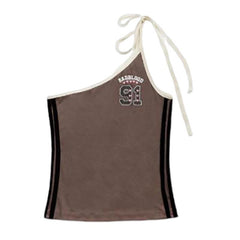 One shoulder irregular self tie �1�pattern contrast top
