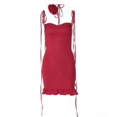 Rose applique ruched ruffle knotted cami mini dress | red tango dress