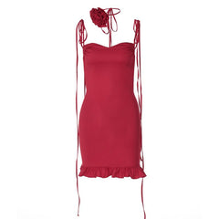 Rose applique ruched ruffle knotted cami mini dress | red tango dress