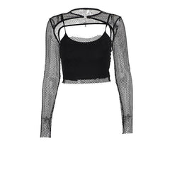 Long sleeve fishnet shrug cross applique 2 piece top