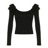 Long sleeve ruffle mesh patchwork top