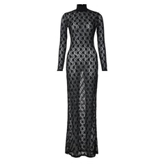 Long sleeve see through high neck lace maxi dress