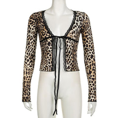 Long sleeve lace hem leopard print ruffle self tie top