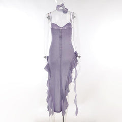 Sweetheart neck ruffle flower applique slit cami midi dress