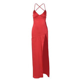 Slit cross back satin backless solid v neck maxi dress | red tango dress | black rave dress