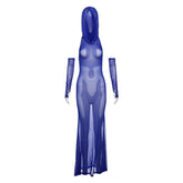Hoodie gloves mesh see through backless maxi dress