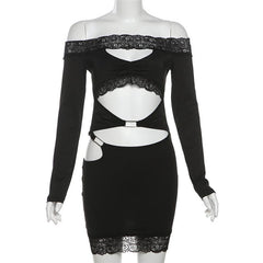 Long sleeve off shoulder lace hem hollow out mini dress