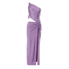 Knotted irregular one shoulder hollow out slit maxi dress | red tango dress
