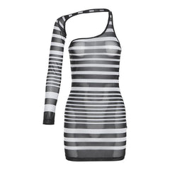 Irregular sheer mesh see through one shoulder striped mini dress | samba dress