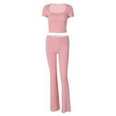 Short sleeve u neck ribbed solid pant set