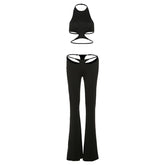 Halter hollow out solid backless pant set