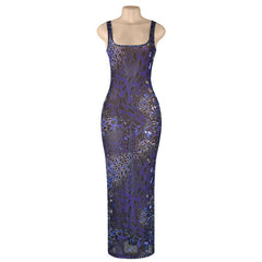 Print u neck hollow out sheer mesh cami maxi dress | samba dress