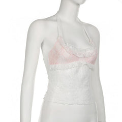 Halter u neck lace hem ruffle top