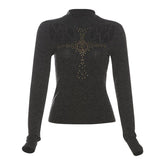 High neck long sleeve beaded cross pattern hollow out top