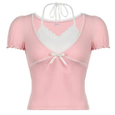 Halter short sleeve bowknot ruffle top