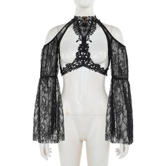 Long sleeve off shoulder lace hollow out shrug top