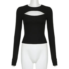 Lace hem hollow out contrast crewneck long sleeve cut out top