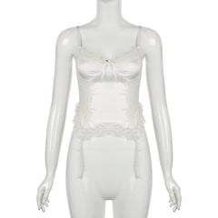 Satin patchwork lace bowknot ruffle ruched cami top