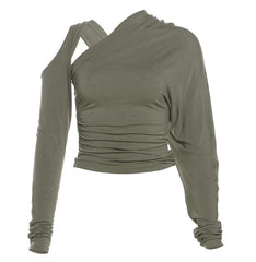 Long sleeve irregular hollow out ruched solid top