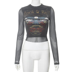 Long sleeve crewneck eagle print mesh top