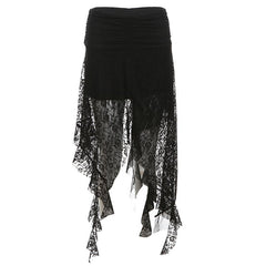 Lace mesh patchwork ruched ruffle midi skirt
