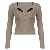 Long sleeve lace hem patchwork button top