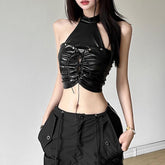 Halter backless PU leather zip-up crop top