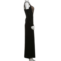 Off shoulder v neck velvet lace hem cami maxi dress