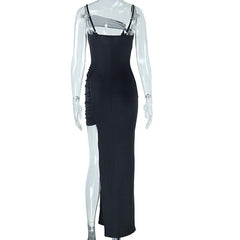 Irregular high slit ruched mesh hollow out cami maxi dress