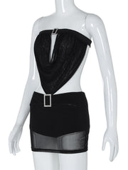 Ruched mesh see through buckle tube mini dress
