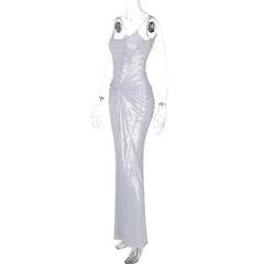 U neck metallic ruched backless cami maxi dress