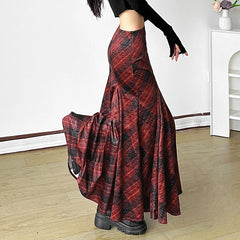 Plaid zip-up ruffle maxi skirt