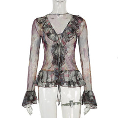 Long flared sleeve mesh abstract ruffle self tie top