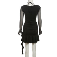 Long sleeve halter mesh ruched ruffle mini dress