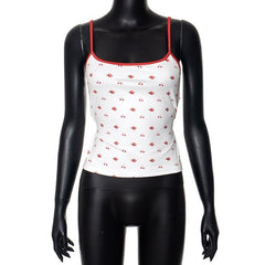 Self tie u neck cherry print contrast backless cami top