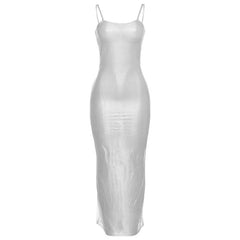 Sheer mesh see through backless solid cami maxi dress | samba dress