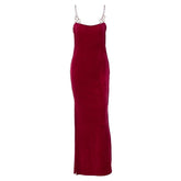 Velvet solid o ring hollow out slit backless maxi dress | red tango dress