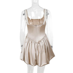 U neck lace hem ruched cami mini dress