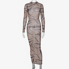 Sheer mesh see through long sleeve contrast print maxi dress | samba dress
