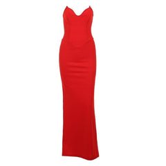 Zip-up solid v neck backless slit tube maxi dress | red tango dress