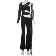 Long sleeve mesh patchwork hollow out jumpsuit