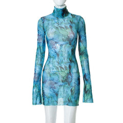 Sheer mesh see through print high neck slit long sleeve mini dress | samba dress