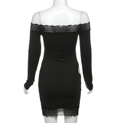 Long sleeve off shoulder lace hem hollow out mini dress