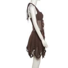 Halter lace up ruffle ruched mesh mini dress