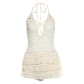 Halter self tie see through v neck hollow out mini dress