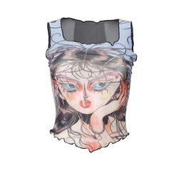 Ruffle print sheer mesh square neck tank top